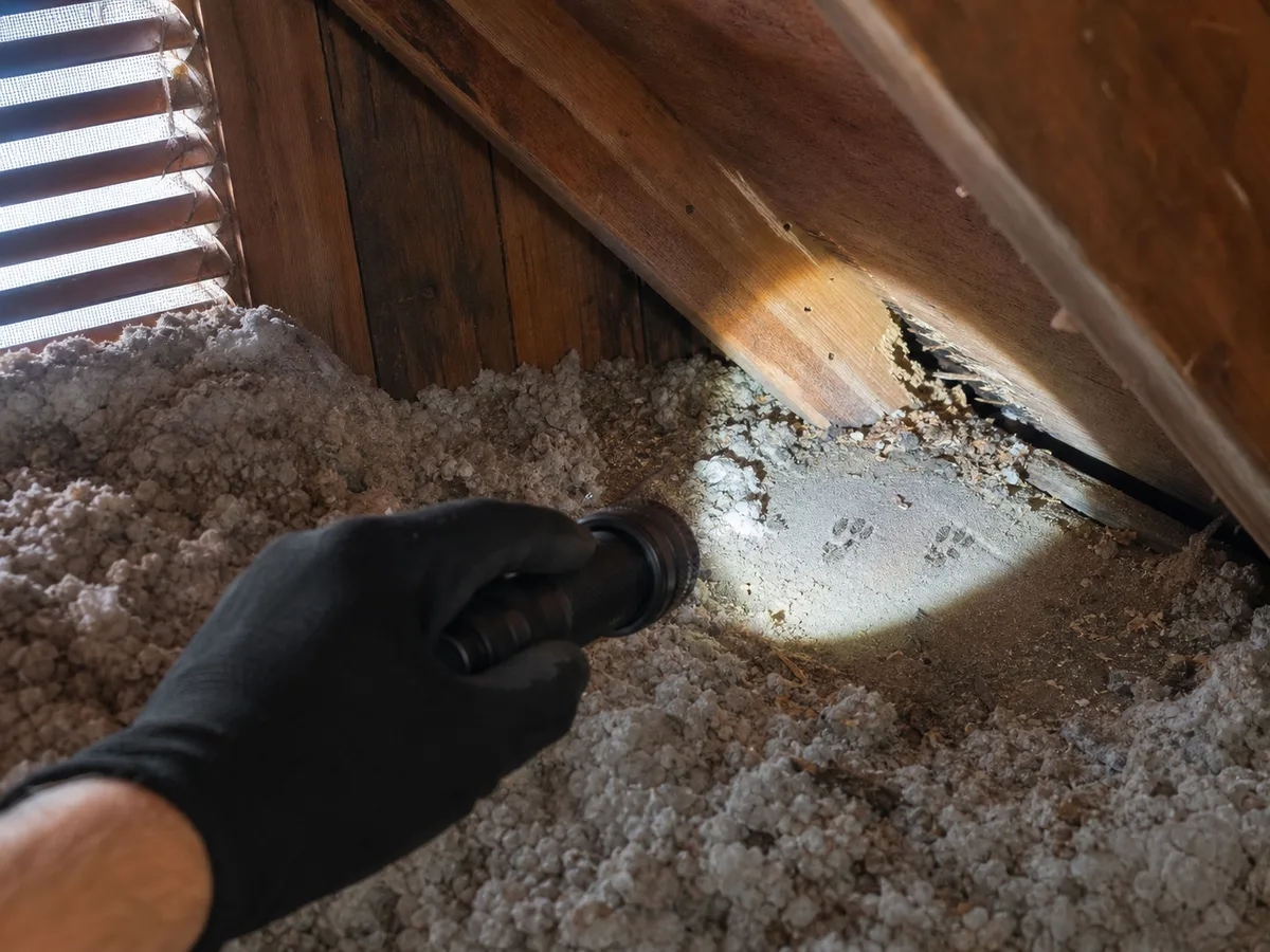 A flashlight illuminating tracks and disturbed insulation near an attic entry gap