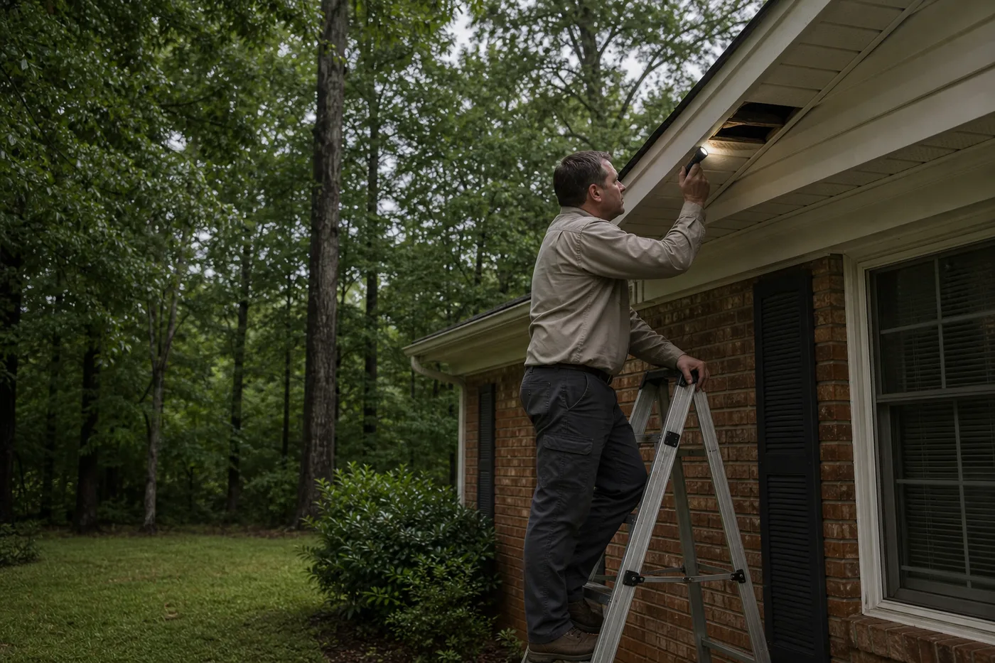 An independent wildlife inspector examining a soffit opening on a North Alabama home